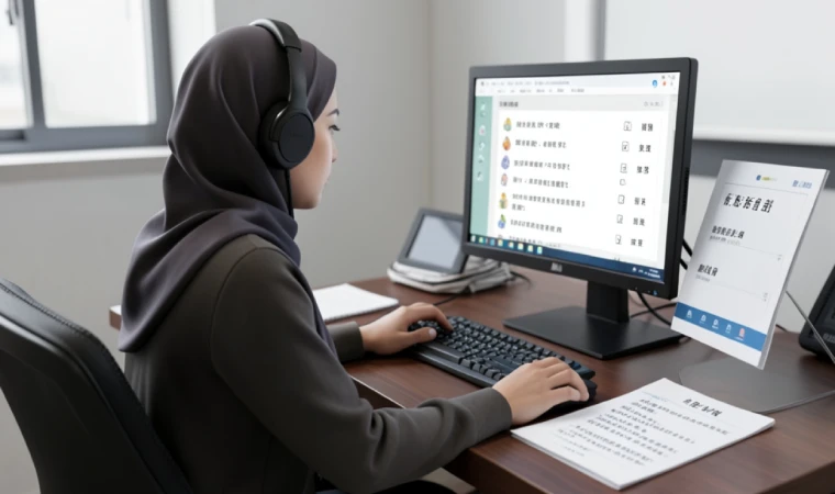 زبانآموز در مرکز آزمون در حال شرکت در آزمون HSK 1 با هدفون و رایانه برای بخشهای شنیداری و خواندن