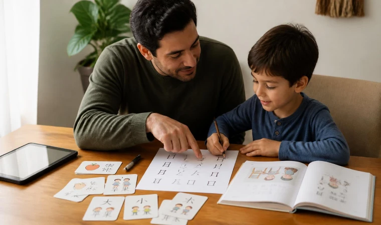 تمرین زبان چینی کودک با کتاب و فلشکارت در کنار والدین