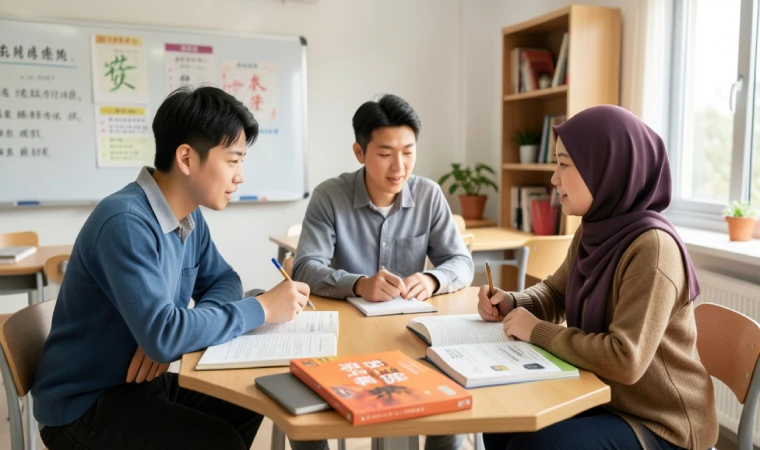 گروهی از زبانآموزان در حال مطالعه و تمرین زبان چینی برای آزمون HSK 3